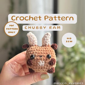 May include: Crochet pattern for a brown and white plush ram with the text "Chubby Ram" and "No Sew" on the image. The pattern is available as a PDF download.