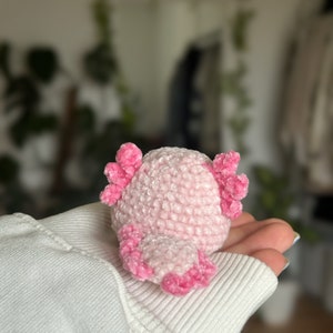 Peut inclure: Un petit jouet en peluche axolotl crochet&eacute; &agrave; la main, fabriqu&eacute; &agrave; partir de fil rose clair doux. La cr&eacute;ature pr&eacute;sente un corps arrondi avec des branchies externes textur&eacute;es rose vif de chaque c&ocirc;t&eacute; de la t&ecirc;te et une nageoire caudale rose.