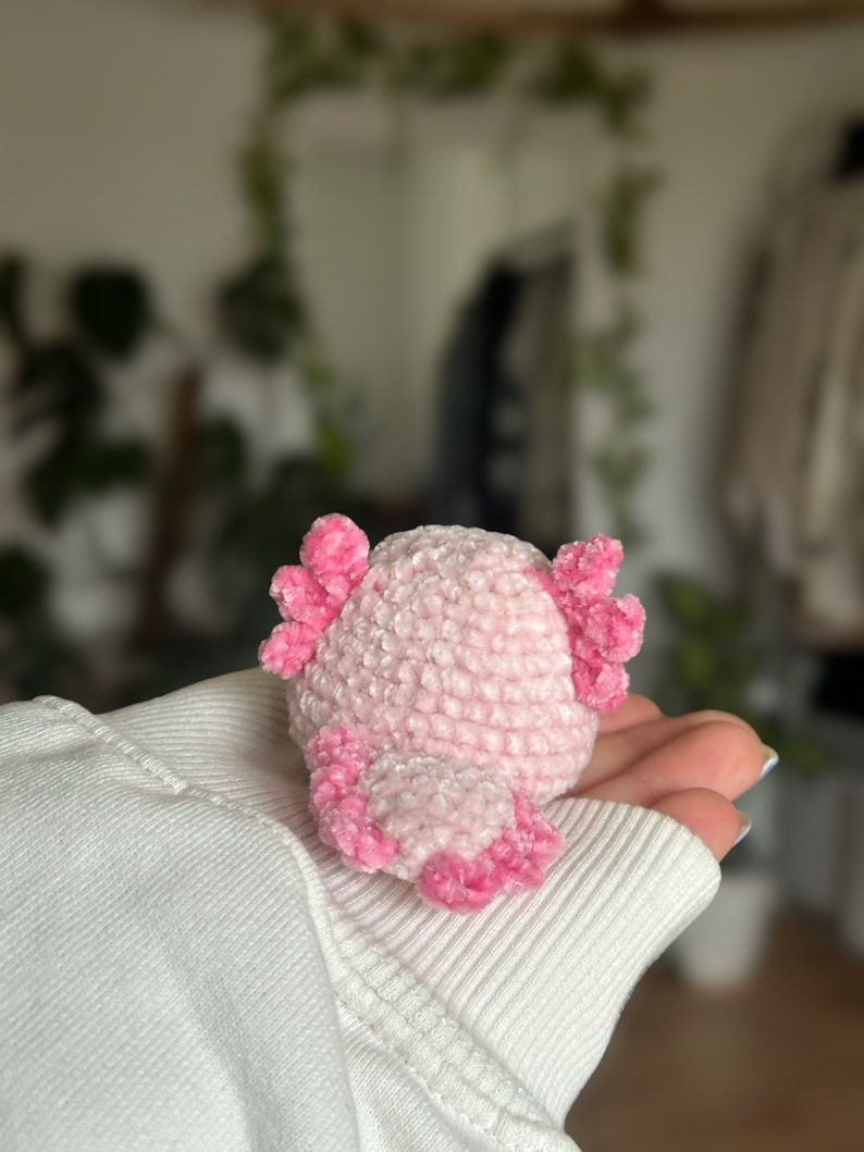 Peut inclure: Un petit jouet en peluche axolotl crochet&eacute; &agrave; la main, fabriqu&eacute; &agrave; partir de fil rose clair doux. La cr&eacute;ature pr&eacute;sente un corps arrondi avec des branchies externes textur&eacute;es rose vif de chaque c&ocirc;t&eacute; de la t&ecirc;te et une nageoire caudale rose.