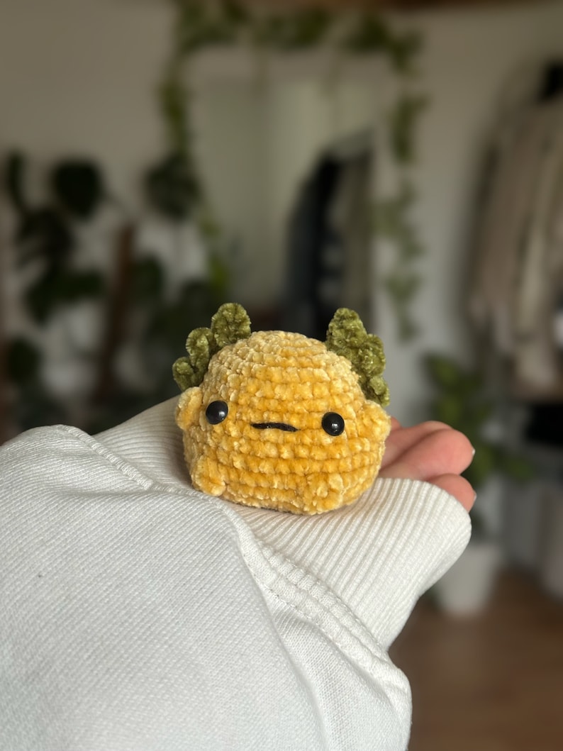 Peut inclure: Un petit jouet en peluche crochet&eacute;, de forme ronde et de couleur jaune dor&eacute;, avec une texture douce et velout&eacute;e. Il pr&eacute;sente deux appendices vert fonc&eacute; en forme de feuilles fris&eacute;es sur le dessus, deux petits yeux en perles noires et une bouche.