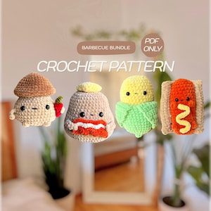 May include: A digital PDF crochet pattern titled BARBECUE BUNDLE featuring four plush toys: a mushroom with a red chili, a potato with bacon, a corn cob with green husks, and a hot dog with yellow mustard, all with black bead eyes.