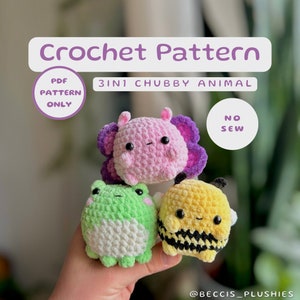May include: Crochet pattern for a 3 in 1 no-sew chubby animal set. The set includes a pink butterfly, a green frog, and a yellow and black bee. The pattern is available as a PDF download.