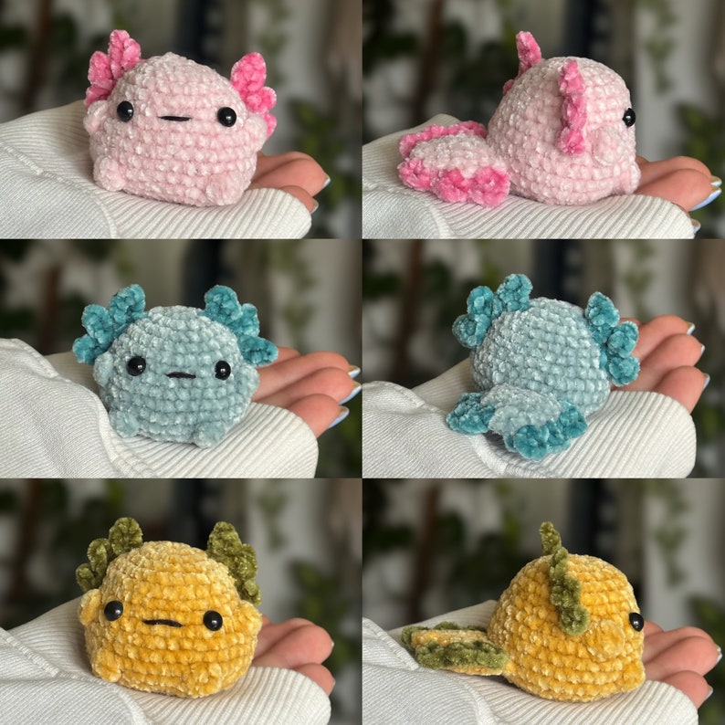 Peut inclure: Un ensemble de trois petites figurines axolotl en crochet, de couleur rose, bleu clair et jaune. Chaque cr&eacute;ature pr&eacute;sente une texture douce et duveteuse, des yeux en perles noires, une bouche plate et des branchies externes sur la t&ecirc;te.