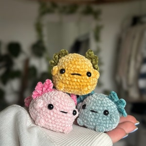 Peut inclure: Trois petites peluches crochet&eacute;es, rondes, en forme d'axolotls. L'une est jaune avec des branchies vert olive, une est rose clair avec des branchies rose vif, et une est bleu clair avec des branchies bleu sarcelle. Yeux en perles noires.