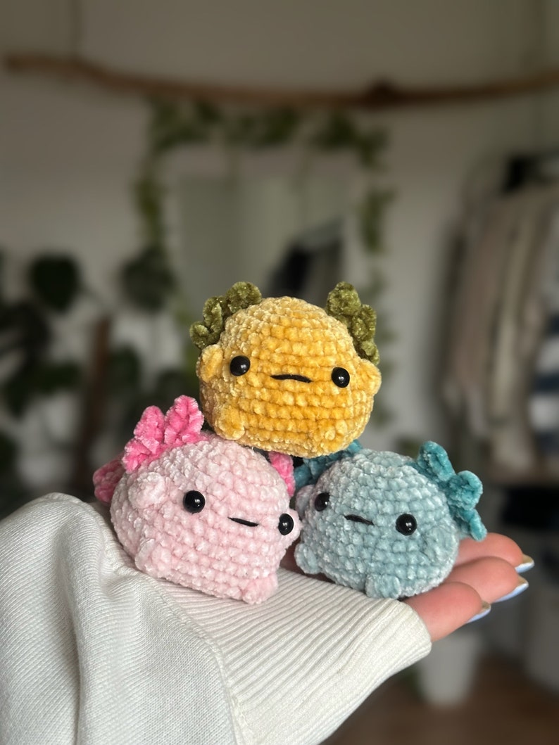 Peut inclure: Trois petites peluches crochet&eacute;es, rondes, en forme d'axolotls. L'une est jaune avec des branchies vert olive, une est rose clair avec des branchies rose vif, et une est bleu clair avec des branchies bleu sarcelle. Yeux en perles noires.