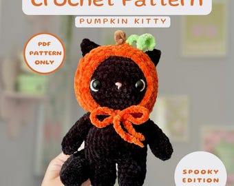 Pumpkin Kitty Crochet Pattern | Cat with Pumpkin Hat / Helmet Crochet Pattern