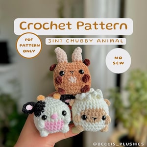 May include: Crochet pattern for three no-sew plush animals: a brown goat, a white sheep, and a black and white cow. The pattern is available as a PDF download only.