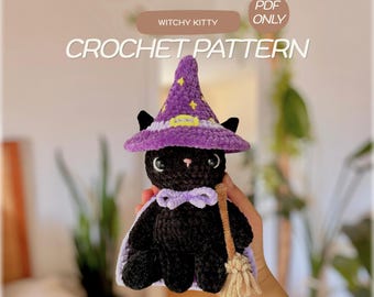 Witchy Kitty Crochet Pattern | Crochet Cat | Crochet Cat with Witch/Wizard hat and cape + diy broom