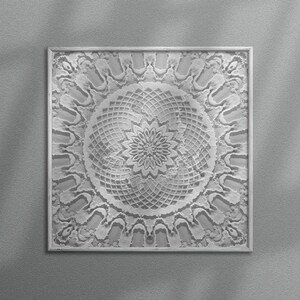 May include: A square, framed, grayscale artwork featuring a detailed, symmetrical mandala design. The mandala has a central floral pattern surrounded by intricate, repeating geometric shapes. The frame is a light gray color.