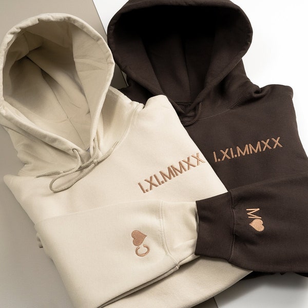 Custom Embroidered Roman Numeral Hoodie • Personalized Couple Gift