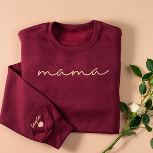 Embroidered custom Mama Sweatshirt: Kid Names on Sleeve -Perfect for Mothers Day, Birthday, New Mom - best gift for mom