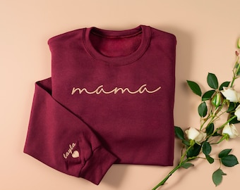 Embroidered Mama Sweatshirt: Personalized Kid Names Sleeve, Mother's Day Gift