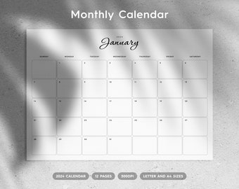 2024 Calendar | Black and White High Quality Wall Calendar, Minimal Monthly Calendar Planner Design |  Printable A4 & US Letter size