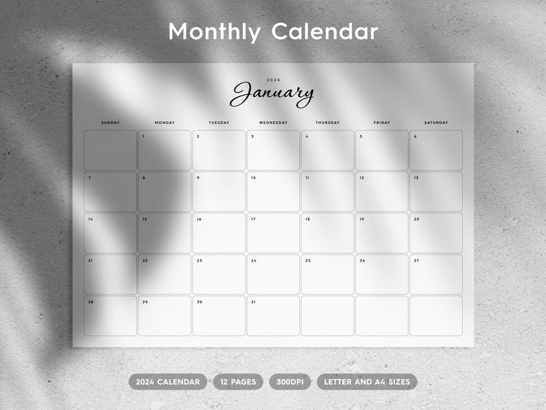 2024 Calendar Black and White High Quality Wall Calendar, Minimal