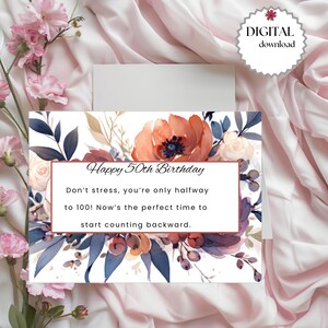 Tarjeta de felicitación de cumpleaños número 50 imprimible elegante con diseño floral de 7 x 5, descarga digital: tarjeta de felicitación imprimible para mujeres, tarjeta de cumpleaños perfecta para ella