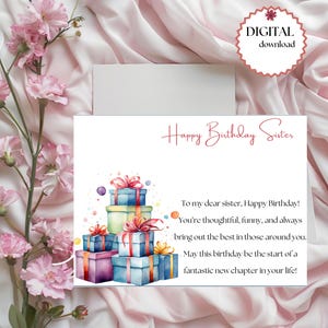 7x5 Sweet and Thoughtful Birthday Card for Sister - Printable Digital Download, DIY Greeting Keepsake with Heartfelt Birthday Wishes.