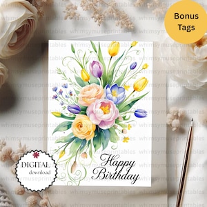 Ensemble de cartes d'anniversaire imprimables - 4 cartes florales de joyeux anniversaire 5 x 7 JPG et PDF + étiquettes bonus, téléchargement immédiat, imprimables de haute qualité