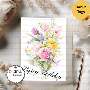 Ensemble de cartes d'anniversaire imprimables - 4 cartes florales de joyeux anniversaire 5 x 7 JPG et PDF + étiquettes bonus, téléchargement immédiat, imprimables de haute qualité
