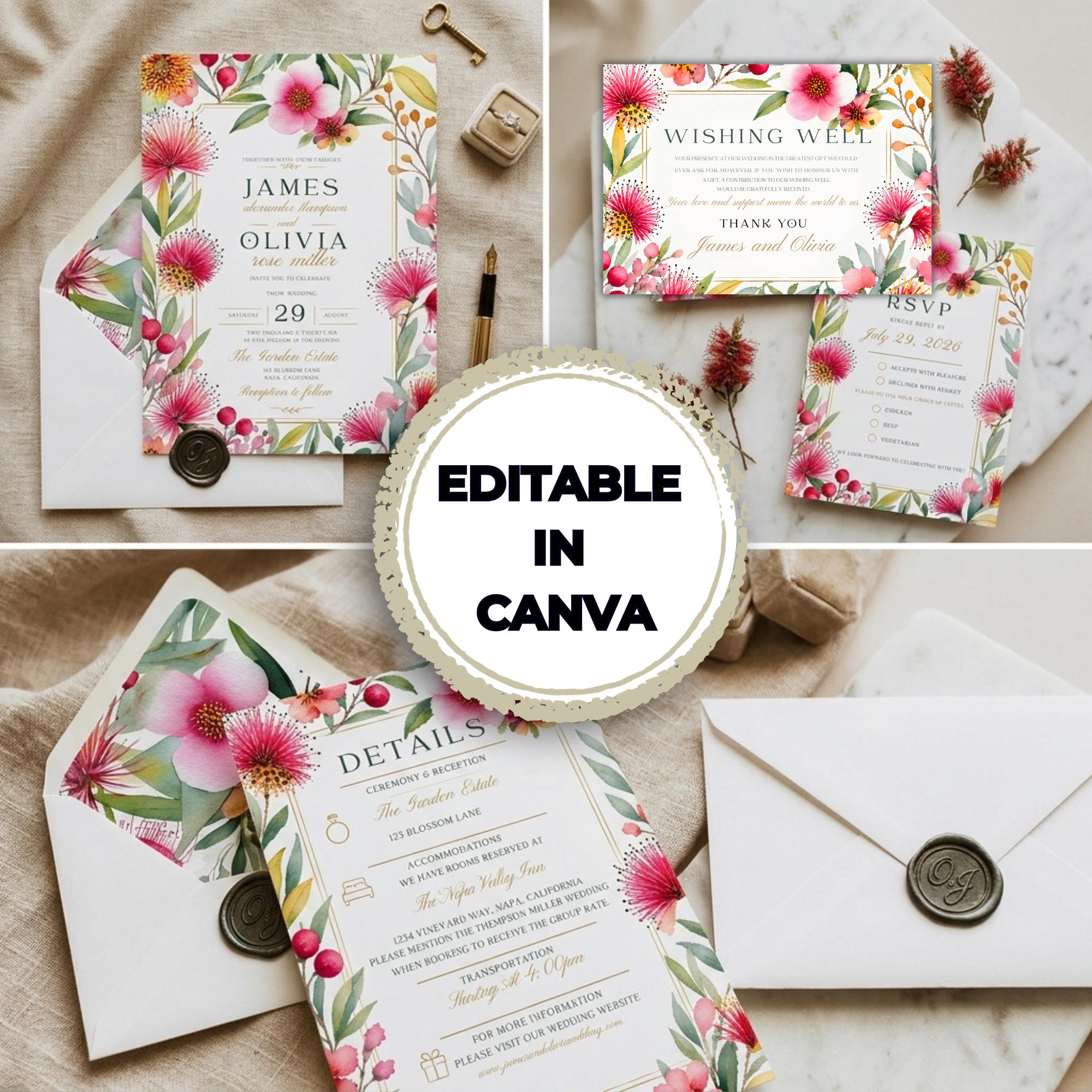 Native Program Invitation Australian Native Wedding Invitation Set Editable in Canva, Pink Floral ...
