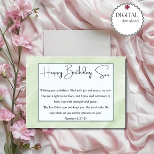 Tarjeta de cumpleaños cristiana imprimible de 7x5 para hijo - Descarga digital, versículo bíblico Números 6:24-25, saludo de cumpleaños de fe, regalo de recuerdo para hijo.