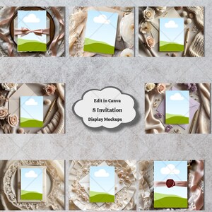 Elegantes Einladungs Mockup Set | 8 Stilvolle Präsentationsvorlagen mit Blumen-, Satin-, Spitzen- und Perlendetails für Hochzeits- und Ereigniskarten.