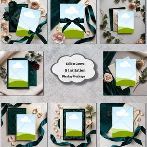 Ensemble élégant de maquette vert-foncé d'invitation | 8 modèles de présentoirs stylés avec des détails satinés, floraux et luxueux pour des cartes de mariage et d'événement.
