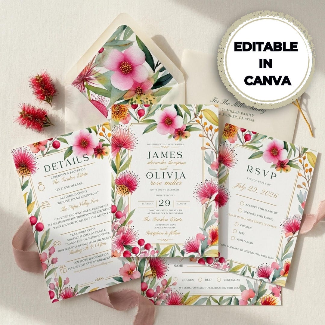 Native Program Invitation Australian Native Wedding Invitation Set Editable in Canva, Pink Floral ...