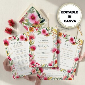 May include: A set of wedding stationery featuring floral watercolor designs. The invitation suite includes an invitation, RSVP card, and details card, all adorned with pink and red flowers and green foliage. The text "EDITABLE IN CANVA" is visible.