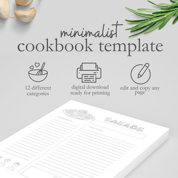 Recipe Book Template Printable, Printable Recipe Binder, Recipe Page, Cookbook Template, Recipe Organizer, Recipe Kit, Instant Download PDF