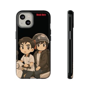 May include: Black phone case with a cartoon illustration of two anime-style characters on a scooter. The case has the text "Weak Hero" in red at the top. The case is shown from the front and side.