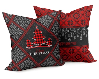 Funda de almohada navideña roja y negra con pinos y copos de nieve - Cojín festivo de tacto suave