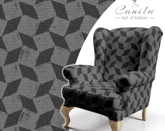 Geometric Linen Upholstery Fabric: Square Pattern, Machine Washable