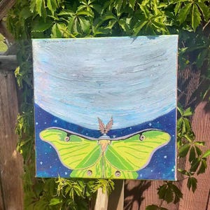 Luna Moth Moon 12x12 Canvas Mixed Media Painting Art Decor Witchy Pretty Insect Green Cottage