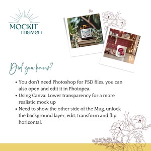 May include: Image featuring the "MOCKIT maven" logo and two polaroid-style photos. One shows a candle with a butterfly design, the other a mug with a floral design. Text reads "Did you know?" followed by tips on using Photopea and Canva for mockups.