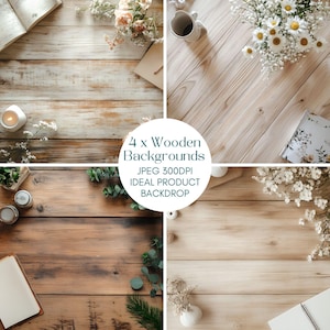 May include: Four different wooden backgrounds with various props, including flowers, candles, and books. The backgrounds are ideal for product photography and are 300 DPI.