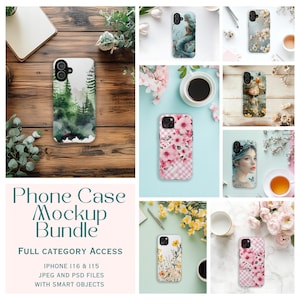 Puede incluir: Un paquete de maquetas de fundas para teléfonos que presenta varios diseños, incluyendo una escena de bosque, patrones florales y retratos artísticos. La imagen muestra varias fundas para teléfonos con diferentes diseños artísticos. El texto en la imagen dice "Phone Case Mockup Bundle".
