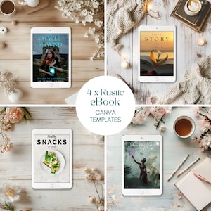 Peut inclure: Quatre maquettes de tablettes numériques sur des fonds rustiques. Chaque tablette affiche une couverture d'ebook différente. Les couvertures présentent un roman fantastique, un roman d'amour, un livre de cuisine et un conte de fées. Le texte sur les couvertures est "Oracle of the Wind", "Love Story", "Healthy Snacks", et "Whispers of the Hidden Forest Queen".