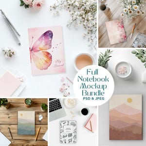 May include: A mockup bundle of notebook covers featuring different designs. The covers include a watercolour butterfly design with the text "My Journal", a mountain landscape design, and a black and white science-themed design. The bundle includes both PSD and JPEG files.