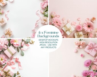 4 x Pink Floral Gift Background Mockups, Ideal for Feminine Product Backdrop Mock ups, For Birthdays or Mothers Day themes, JPEG Files