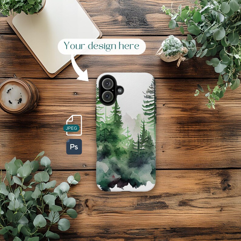 May include: A phone case featuring a watercolor forest scene in shades of green and gray. The case has a white background and the text "Your design here". The image also includes a JPEG and Ps icon.
