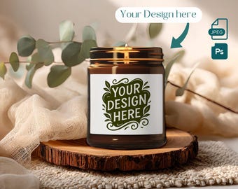 Amber Soy Candle Mockup, Printify Lumient Mock up, 9oz Soy Candle Amber Glass Jar Candle, Nature Spa Vibe, PSD JPEG Files, Digital Download