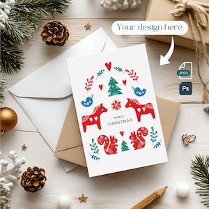Maquette de carte de Noël, maquette neutre de carte de voeux, fichiers PSD et JPEG, Photoshop avec objet intelligent, maquette flatlay moderne jusqu'à 4 x 6 pouces