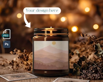 Amber Soy Candle Mockup, Printify Lumient Mock up, 9oz Soy Candle Amber Glass Jar Candle, Rustic Card Vibe, PSD JPEG Files, Digital Download