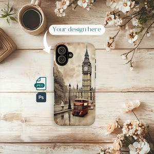 May include: A phone case featuring a sepia-toned image of London's Big Ben and a red double-decker bus. The case has a black camera lens cutout and the text "Your design here". The image is set against a light wood background.