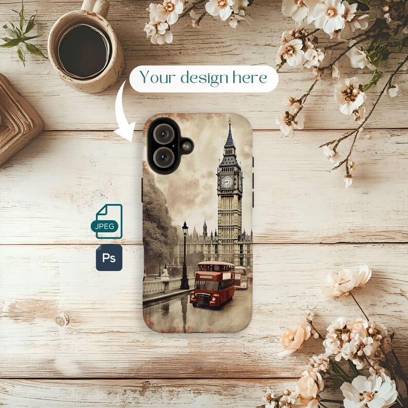 May include: A phone case featuring a sepia-toned image of London's Big Ben and a red double-decker bus. The case has a black camera lens cutout and the text "Your design here". The image is set against a light wood background.