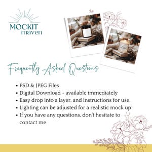 May include: A digital download mock-up image with two polaroid-style photos of candles on books. The text "Frequently Asked Questions" is displayed, along with bullet points about the product's features and contact information.