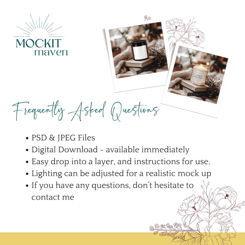 May include: A digital download mock-up image with two polaroid-style photos of candles on books. The text "Frequently Asked Questions" is displayed, along with bullet points about the product's features and contact information.