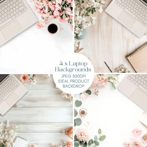 May include: Four laptop backgrounds featuring a white laptop, flowers, and a wooden surface. The backgrounds are ideal for product photography.