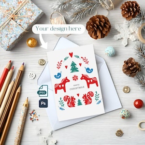 Mockup kerstkaart, mock-up wenskaart, PSD- en jpeg-bestanden, Photoshop met slim object, moderne flatlay mock-up 4 x 6 inch