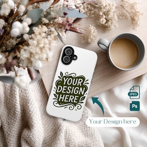 May include: A white phone case with a green and white design that says "YOUR DESIGN HERE". The phone case is on a white surface with a cup of coffee and flowers in the background. The text "Your Design here" is also visible.
